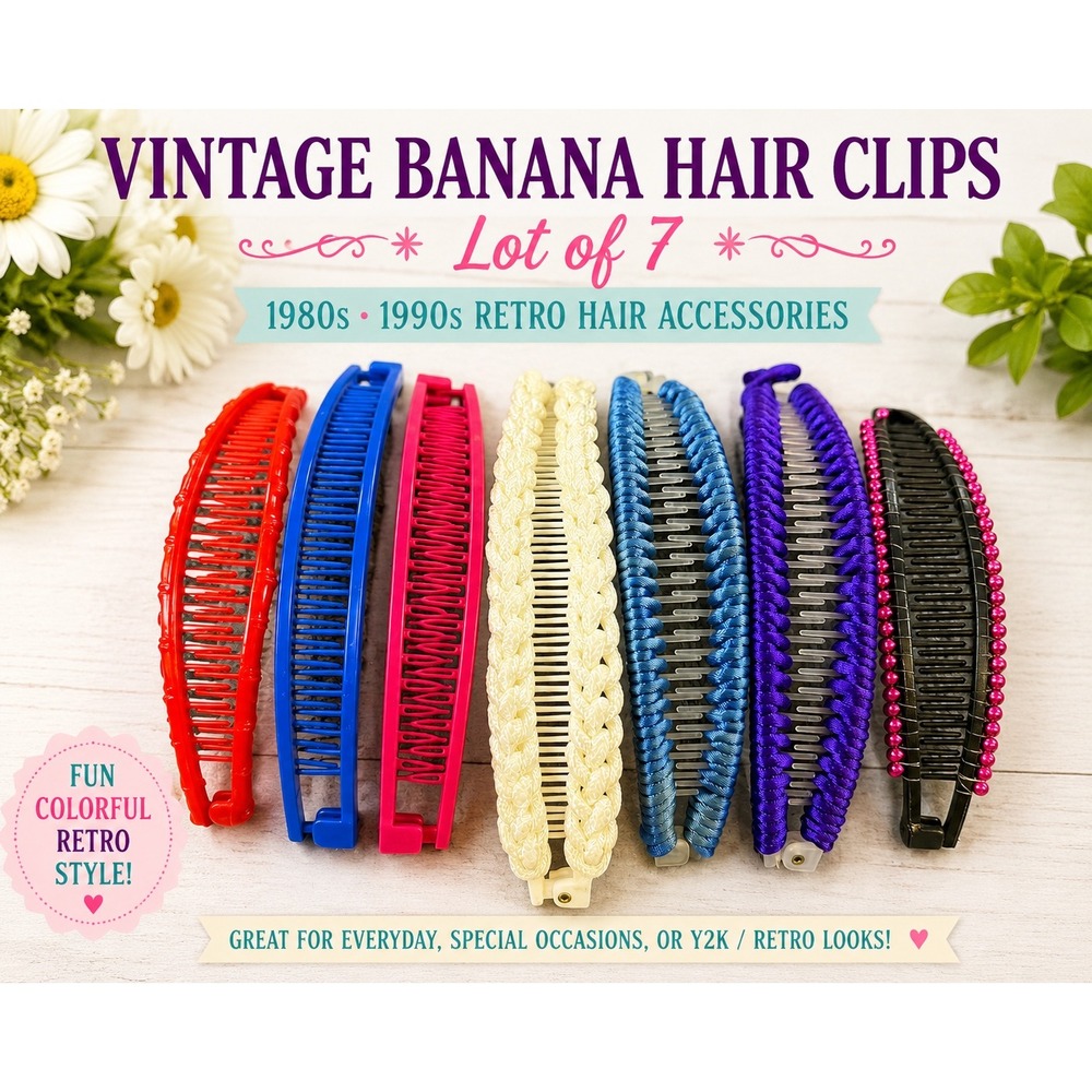 Vintage Banana Hair Clip Lot 7pc Rhinestone Braided Cord Wrapped Multi Color